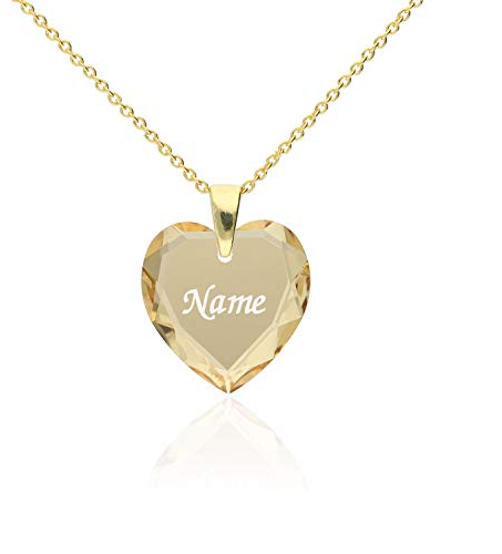 Individuelle Damen Halskette 925 Sterling Silber vergoldet erstellt mit Swarovski Elements Anhänger Golden Shadow Herz und individueller Namensgravur, Herzkette als Geschenk