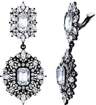 EVER FAITH Vintage Baumeln Chandelier Ohrclips Vintage Party Gatsby | Auffällig Art Deco Clips on Ohrringe glamouröser Look für Damen Klar Silber-Ton
