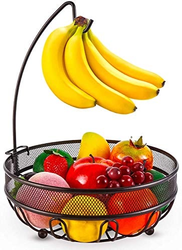 CLTYQ Fruit Basket Wired Fruit Bowl with Banana Hanger Hook, Vegetables Storage Rack Bread Snacks Stand