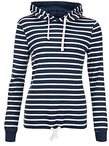 modAS Damen Kapuzenshirt Langarmshirt gestreift - Kapuzenpullover Streifenshirt Ringelshirt mit Kapuze aus Baumwolle in Blau-Melange/Weiß Größe 42