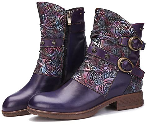 CrazycatZ Women Leather Ankle Boots, Vintage Floral Colorful Leather Boots (Purple B, 6, numeric_6)