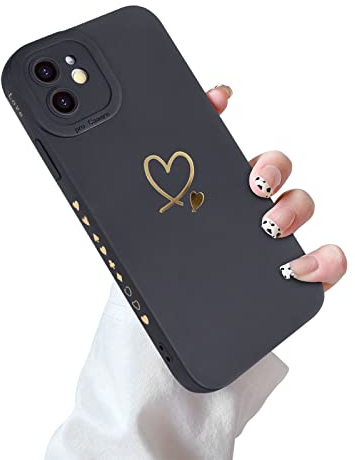 Newseego Kompatibel mit iPhone 12 Hülle, Niedliche Gold Liebesherzform Muster Weiche Flüssigsilikon Handyhülle iPhone 12 Kleinen Herzen auf der Seite Stoßfeste Schutzhülle für iPhone 12-Schwarz
