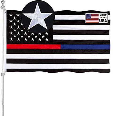 Drapeau de police brodé fin rouge et bleu 7,6 x 12,5 cm pour l'extérieur - Drapeaux de police américains à rayures bleues - Couleurs vives - Polyester 240D avec œillets en laiton