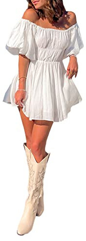 Loalirando Women Elegant Short Puff Sleeve Off-Shoulder Tunic Dress Solid Color Square Neck Elastic Waist A-line Mini Dress Streetwear (White, S)