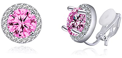 QUKE 8mm Rosa Zirkonia Kristall Ohrclips Clip auf Ohrringe Runde Nicht Gestochen Ohrstecker für Frauen Mädchen