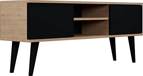 WFL GROUP TV-Schrank - Skandinavisch Fernsehtisch bis 50 Zoll - TV-Lowboard für Wohnzimmer 120 oder 160 cm - mit Holz Füße und 2 Türen - 120 cm - Eiche Artisan/Schwarz