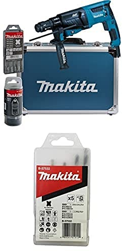 Makita HR2631FT13 Kombihammer für SDS-PLUS 26 mm im Alukoffer + Bohrerset Holz/Metall 5tlg SDS+