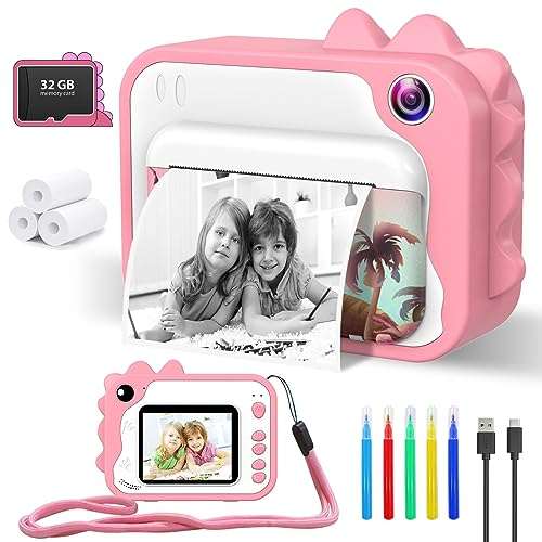 CHAKEYAKE Appareil Photo Enfant,Appareil Photo NuméRique Enfant avec Papier d'impression,2,4 1080P HD Jouet Appareil Photo instantané Aevc Carte TF 32 G,Cadeau pour Filles Garçons 3-12 Ans(Rose)