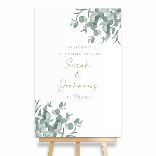HEI Print Willkommensschild Hochzeit Eukalyptus mit Datum und Namen, personalisierte Hochzeitsdeko, Aufsteller Willkommen Schild, Grün, Leinwand, 60x40 (Hochformat)