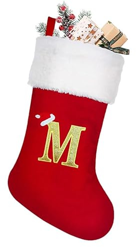 NIBESSER Weihnachtsstrümpfe mit Initialen Rot Klassische Flanell Nikolausstrumpf Buchstabe Christmas Stocking 38 cm Hängende Ornamente Weihnachtssocken Kamin Nikolausstiefel mit Letter M