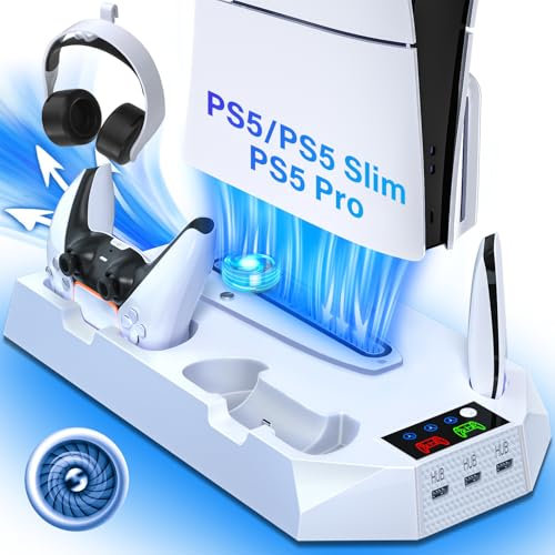 Support fin pour PS5 avec station de refroidissement – Double chargeur de manette PS5, ventilateur de refroidissement à 3 niveaux, 3 concentrateurs USB, support pour casque