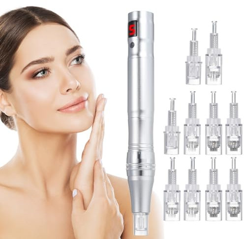 Layhou Professionelles Elektrisch Microneedling Pen, Derma Pen Mikrokristall-Stift, 0–2,5 mm, Verstellbare Nadellänge, 5-Stufige Vibrationsintensität, Einstellbar mit Digitalem Display (Silber)