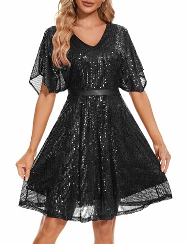 Wedtrend Pailletten Kleid Damen Cocktailkleid Damen Knielang Sexy Sommerkleid WTS6003 Black L