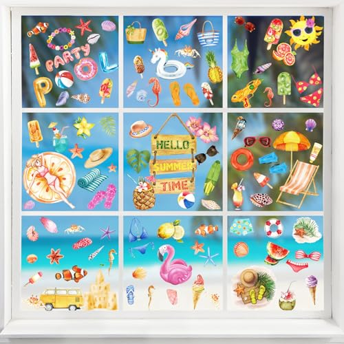 KIKISML Adesivi Finestre Estate, 9 Fogli 126 Pezzi Vetrofanie Hawaiane Decorazione Della Finestra Estiva Adesivo Gelato All'Anguria per le Camerette dei Bambini