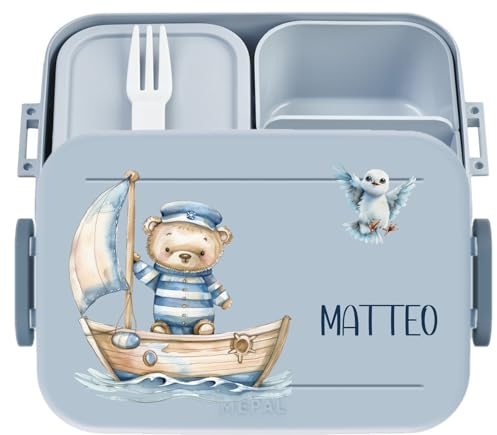 wolga-kreativ Personalisierte Kinder Brotdose blau Meer Bär maritim Motiv und Fächern, Bento Lunchbox Kleinkind Mädchen Junge für Schule und Kindergarten