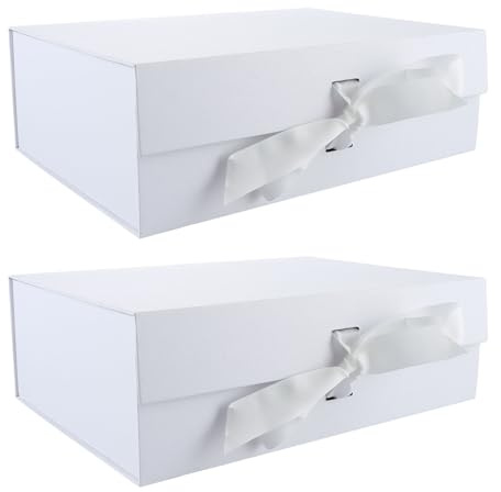 ASelected 2Pcs Magnetic Gift Box, 32.2x23x10.5cm Luxury Paper Wedding Favor Boxes, Medium Gift Box with Lids and Ribbon for Presents, Birthday, Anniversary, Festival- White