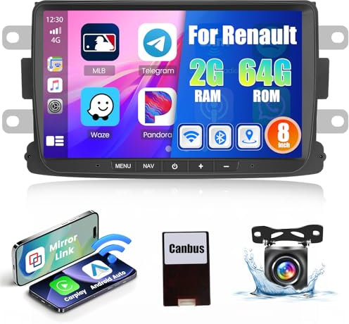 [2G+64G] Hikity Autoradio Navi Für Renault Dacia Duster Sandero Logan Dokker Captur Symbol Android 13 Wireless Carplay 8 Zoll Bildschirm Radio mit Android Auto GPS WiFi Rückfahrkamera FM RDS DSP MIC