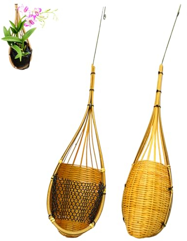 Jorzer 2 Stück Orchideen-Hängetopf mit Metallhaken Orchideentöpfe thailändischer aus Bambus gewebter Orchideen-Hängekorb Mehrzweck-Pflanzenhänger im Vogelnest-Stil für die Gartendekoration