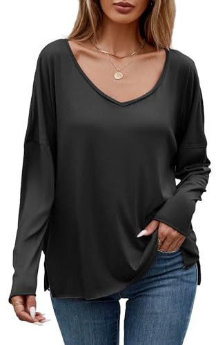iChunhua Long Sleeve Tops Women V Neck Soft Ladies Oversized T Shirts Side Split Black XX-Large