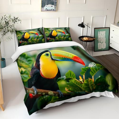 Tukan-Tierdruck Bettwäsche Sets 135 x 200 cm Bettbezug Für Jungen Mädchen,Bettbezug Sets aus Mikrofaser Bunt mit Reißverschluss + 2 Kissenbezug 80x80cm