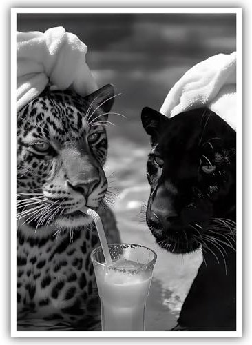 Wandposter im Vintage-Stil, schwarz-weiß, lustig, Gepard und Jaguar, Cocktail-Dekor, modischer Pantherdruck, Bilder, flippige Tierfotografie, Leinwand für Barwagen, Badezimmer, ästhetisch, 30,5 x 40,6