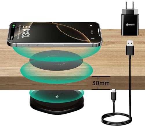 KPON Chargeur sans Fil Invisible, 30mm caché sous la Table, Chargeur inductif pour iPhone 16/15/14/13/12/11/Pro/Mini/Max/Xs, Samsung S24/S23/S22/S21/S20/S10/S9/S8