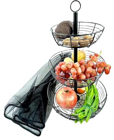 Auroni Etagere 3 stöckig mit Insekten-Schutz-Netz schwarz matt mit großen runden Obsttellern zur Präsentation von Obst stilvoller Obstkorb 3- stöckige Obstschale H=47 cm D= 29 cm