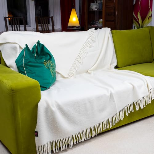 PinkZebra Sehr Warme Sehr Dicke 500 g/m² Merinowolle Decke ca. 160 x 200 cm, aus 100% Reine Neuseeland Wolle, Tagesdecke, Wollplaid mit Fransen, weiche Wohndecke aus natürlicher Wolle, Weiß