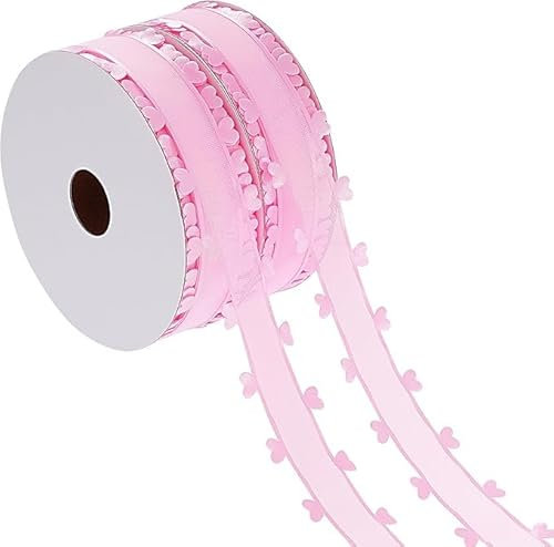 2 PCS Ruban Satin Coeur, 25MM x 18M en Organza et Tulle, Décoration pour Mariage, Voiture, Nœud, Fête, Emballage Cadeau - Rose + Rose
