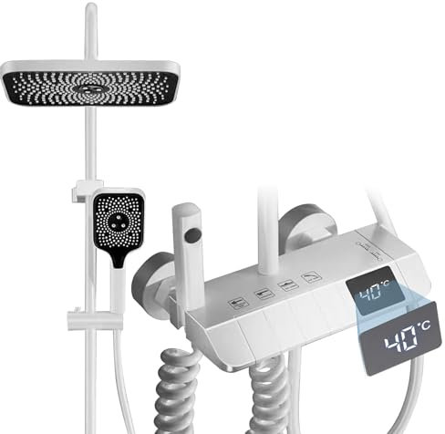 Thermostatic Mixer Shower System, 4 Function Piano Key Dual Shower Head Set, 3 Mode Brass Hand Waterfall Shower with LED Digital Temperature Display, Wall Mount Adjustable Handheld Faucet (White)