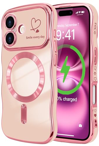 LCHULLE Magnetische für iPhone 16 Hülle Liebesherz Wellenform,Rosa | Kompatibel mit MagSafe,Wellen Lockige Form Handyhülle,Herzmuster Schutzhülle mit wellenförmigem Design, Wavy Heart Case