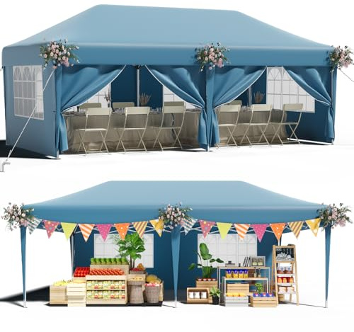 TRIUMPHKEY Pavillon 3x6 UV-Schutz 50+, Faltpavillon 3x6 Wasserdicht Stabil mit 6 Seitenwänden, Partyzelt mit Tragetasche, Höhenverstellbarer Gartenpavillon Für den Außeneinsatz Geeignet,Blau