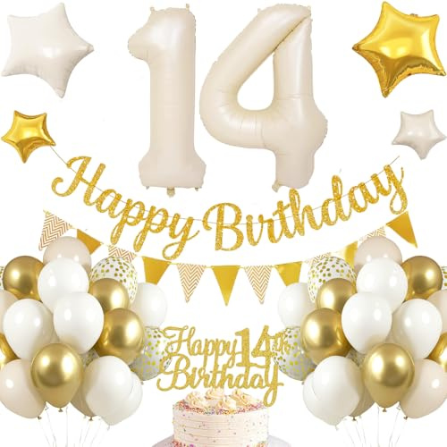14.Geburtstag Dekoration,Luftballons 14.Geburtstag Beige Gold,Geburtstagsdeko für 14 jahre Mädchen Junge, Happy Birthday Girland Ballon 14 Deko zum Geburtstags, 14. Geburtstag Ballon Deko-Set