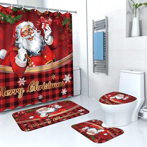 4-teiliges Weihnachtsbad, Weihnachtskuogvorhang, Duschvorhang mit 12 Haken