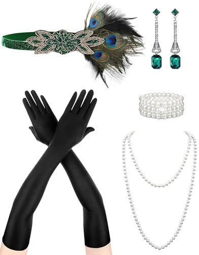 20er Jahre Kostüm Damen Faschingskostüme Karneval 1920er Jahre Flapper Set 5er Pack Perlenketten Ohrringe Armband Handschuhe Kopfband Vintage 20er Jahre Accessoires für Frauen Harlem Nights Kostüm