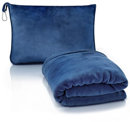 Jokureao Coperta da viaggio e cuscino 2 in 1, morbida coperta portatile in micro peluche, coperta da viaggio ultraleggera, coperta pieghevole compatta in flanella per voli, auto, viaggi di lavoro