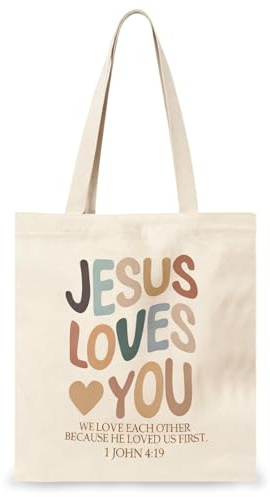 Yoljun Christliche Stoffbeutel Bedruckt, 40×35cm Jutebeutel Bedruckt mit Jesus Loves You, Wiederverwendbar Aesthetic Canvas Tote Bag, Christliche Geschenke für Frauen (bunt)