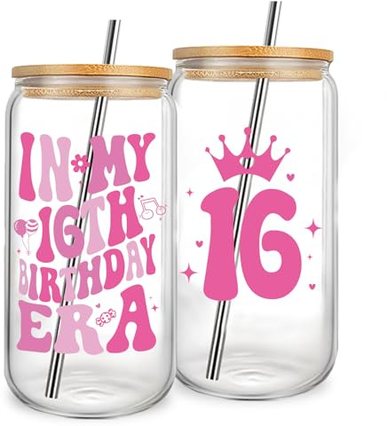 Jars Nova 16th Birthday Gifts for Girls｜Personalised Gifts for Women 16oz Glass Cups with Lids and Straws, Aesthetic Tumblers for Teens, Best Friend Sister Anniversary Glasses