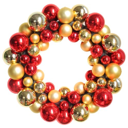 Weihnachts-Türkranz, Weihnachtskugel-Kranz, 35, 6 cm, glänzendes Rot und Gold, hängende dekorative Kränze für Haustür, Wand, Kaminsims, Fenster