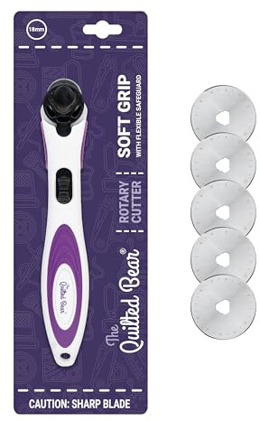 The Quilted Bear 18mm Rotary Cutter & Blades - Ergonomic Soft Grip Rotary Cutter for Fabric with 5 Sharp Cutting Blades & Easy Blade Replace System for Quilting & Sewing Supplies (18mm)