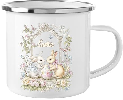 Moerstar Easter Mugs for Kids, Easter Bunny Enamel Mug, Retro Floral Bunny Egg Pattern Mug, Personalized Easter Gifts for Kids