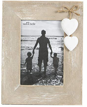Cornice portafoto in legno naturale con cuori bianchi autoportante, shabby chic