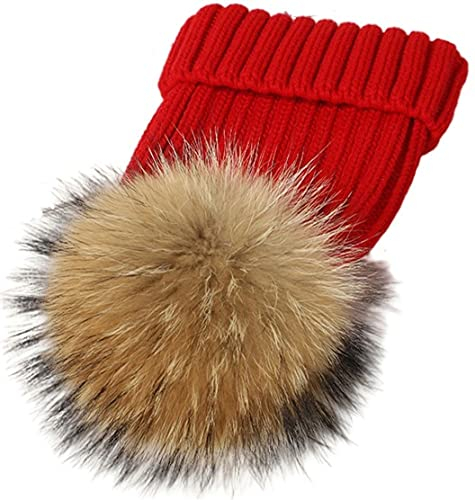 feifanshop Damen Echtfell Waschbär Fell Pelz Bommel Strick Mütze Winter-Mütze Bommelmütze