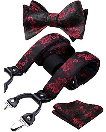 HISDERN Rote Hosenträger für Herren Paisley Y Form mit 6 starken Clips Längenverstellbar Herren Hosenträger und Fliege mit Einsteckuch…