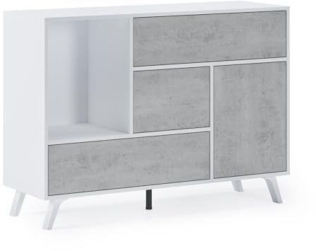 Skraut Home | Aparador para Salón o Comedor | 86 x 120 x 40 cm | Buffet con 1 Puerta + 3 Cajones | Modelo Wind | Madera Resistente | Acabado Blanco/Cemento