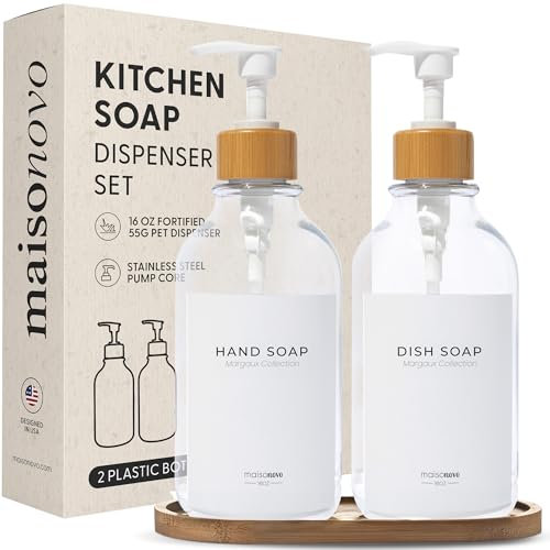 MaisoNovo Distributeur Liquide Vaisselle – Distributeur de Savon en Plastique avec Pompe – Pompe Blanche en Bambou Transparent 500 ML – Distributeur Savon Salle de Bain – Lot de 2 avec Plateau