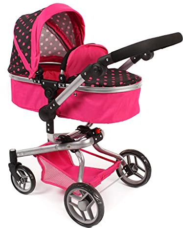 Puppenwagen Yolo, 2in1 Kombipuppenwagen für Kinder von 4 bis 8 Jahren, Dots Pink