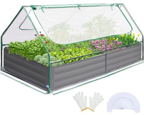 Quictent 6x3x1ft Galvanized Raised Garden Bed with Cover Metal Planter Box Kit, w/ 2 Large Screen Windows Mini Greenhouse 20pcs T Tags 1 Pair of Gloves Included Outdoor Growing Vegetables (Clear)