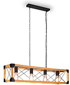 meineWunschleuchte LED Balken Pendelleuchte 4 flammig Metall Schwarz mit Holzbalken - Breite 100cm