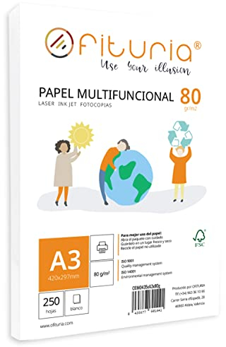 Paquete de folios A3 de 80gr con 250 Hojas Blancas, Papel Multifuncional para Uso Escolar y Entornos Laborales. Ideal con impresoras láser, de inyección o fotocopiadoras - Ofituria